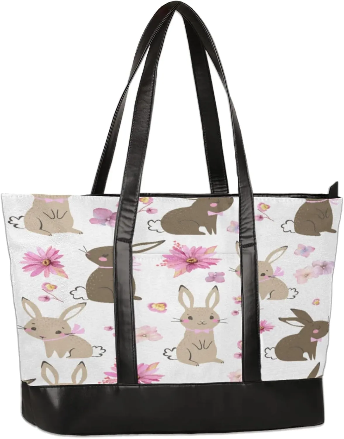 Cute Cartoon Rabbit Flower Laptop Tote Bag for Women Lightweight Work Purse with Multiple Compartments Fits 13-15.6 Inch Laptop Tablet Shoulder Bag for Office Travel Daily Use
