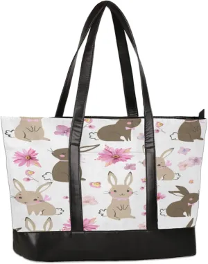 Cute Cartoon Rabbit Flower Laptop Tote Bag for Women Lightweight Work Purse with Multiple Compartments Fits 13-15.6 Inch Laptop Tablet Shoulder Bag for Office Travel Daily Use