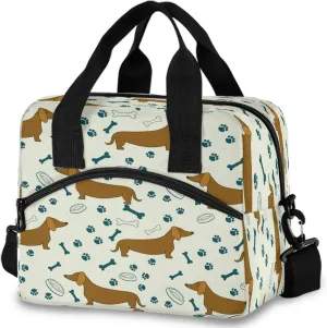 Cute Dog Dachshunds Bones Paw Bowls Insulated Lunch Tote Bag Reusable Cooler Lunch Box with Shoulder Strap for Women Men Work Picnic School Beach