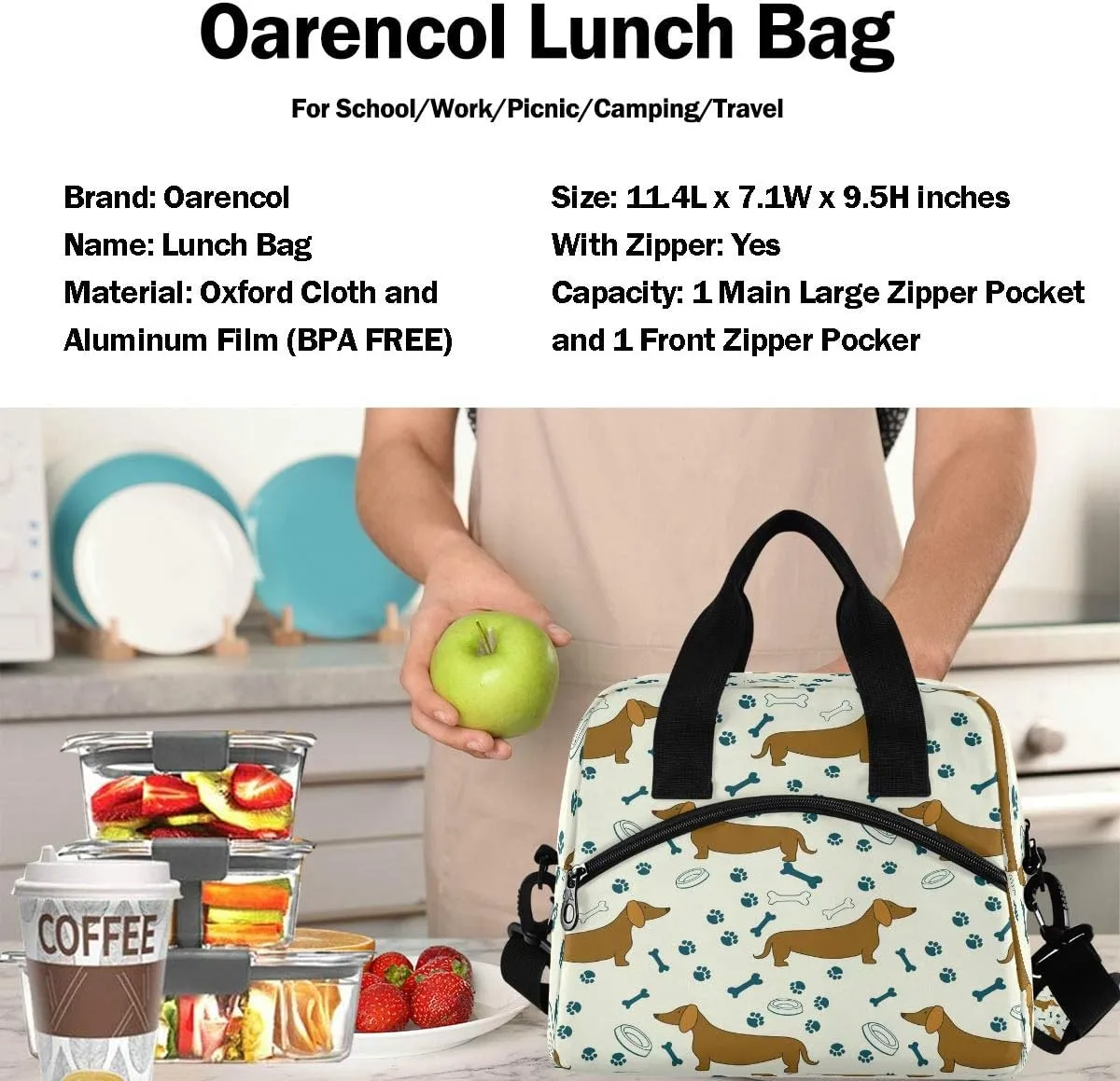 Cute Dog Dachshunds Bones Paw Bowls Insulated Lunch Tote Bag Reusable Cooler Lunch Box with Shoulder Strap for Women Men Work Picnic School Beach