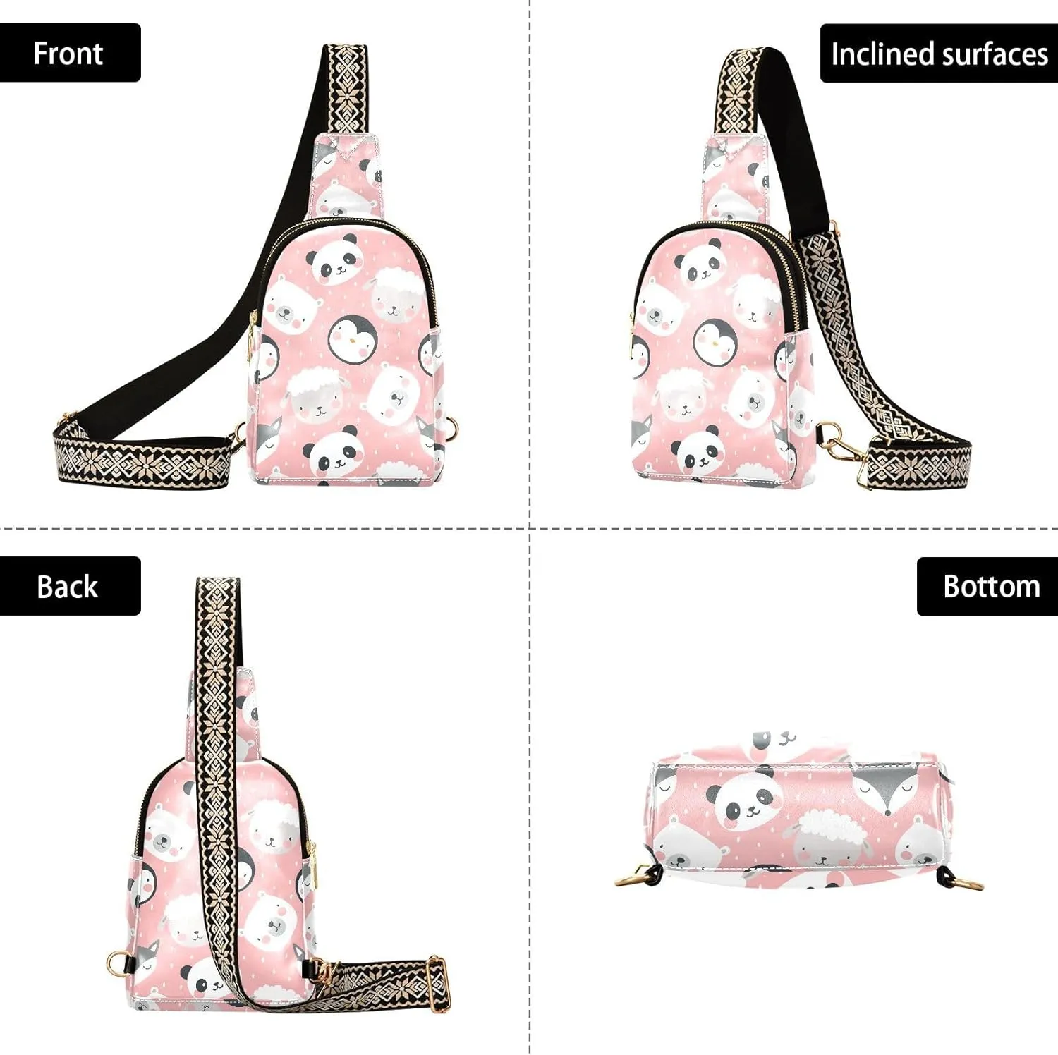 Cute Penguins Panda Sheep Fox Trendy Crossbody Bag Fashion Waist Packs Pink Cartoon Cross Body Leather Chest Bag for Women Fanny Pack Travel Outdoor Crossbody Phone Bag