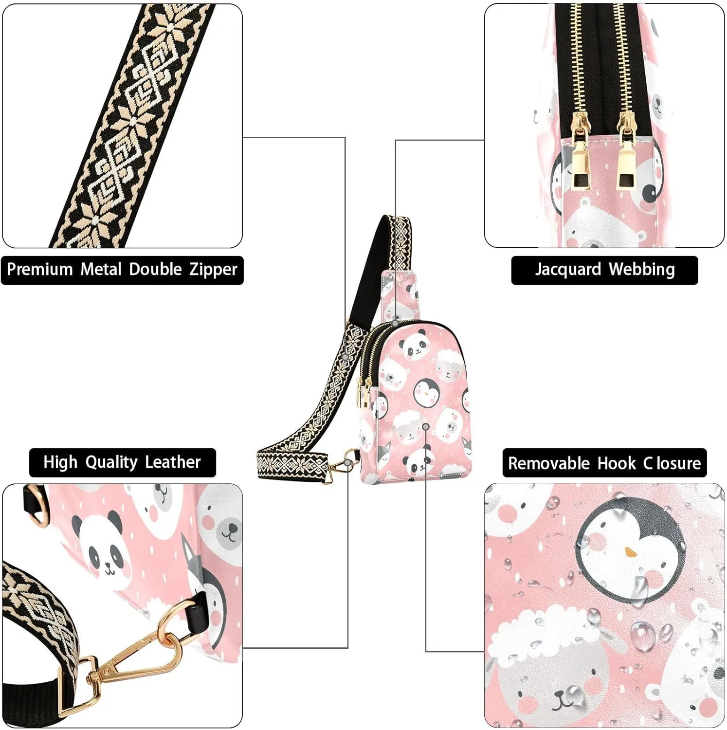 Cute Penguins Panda Sheep Fox Trendy Crossbody Bag Fashion Waist Packs Pink Cartoon Cross Body Leather Chest Bag for Women Fanny Pack Travel Outdoor Crossbody Phone Bag