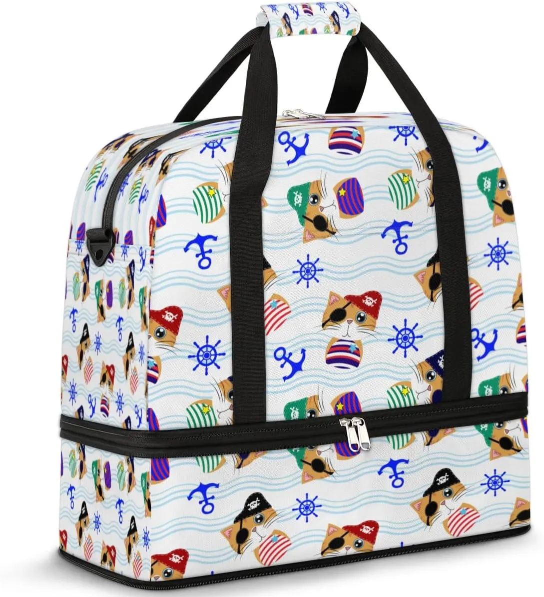 Cute Pirate Cat Sports Gym Bag with Shoes Compartment Foldable Travel Duffel Bag Dry Wet Separated Sports Tote Workout Weekender Overnight Bag for Women Yoga Dance Work Training Handbag