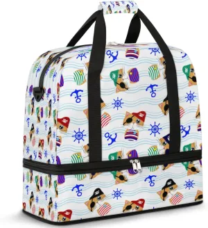 Cute Pirate Cat Sports Gym Bag with Shoes Compartment Foldable Travel Duffel Bag Dry Wet Separated Sports Tote Workout Weekender Overnight Bag for Women Yoga Dance Work Training Handbag