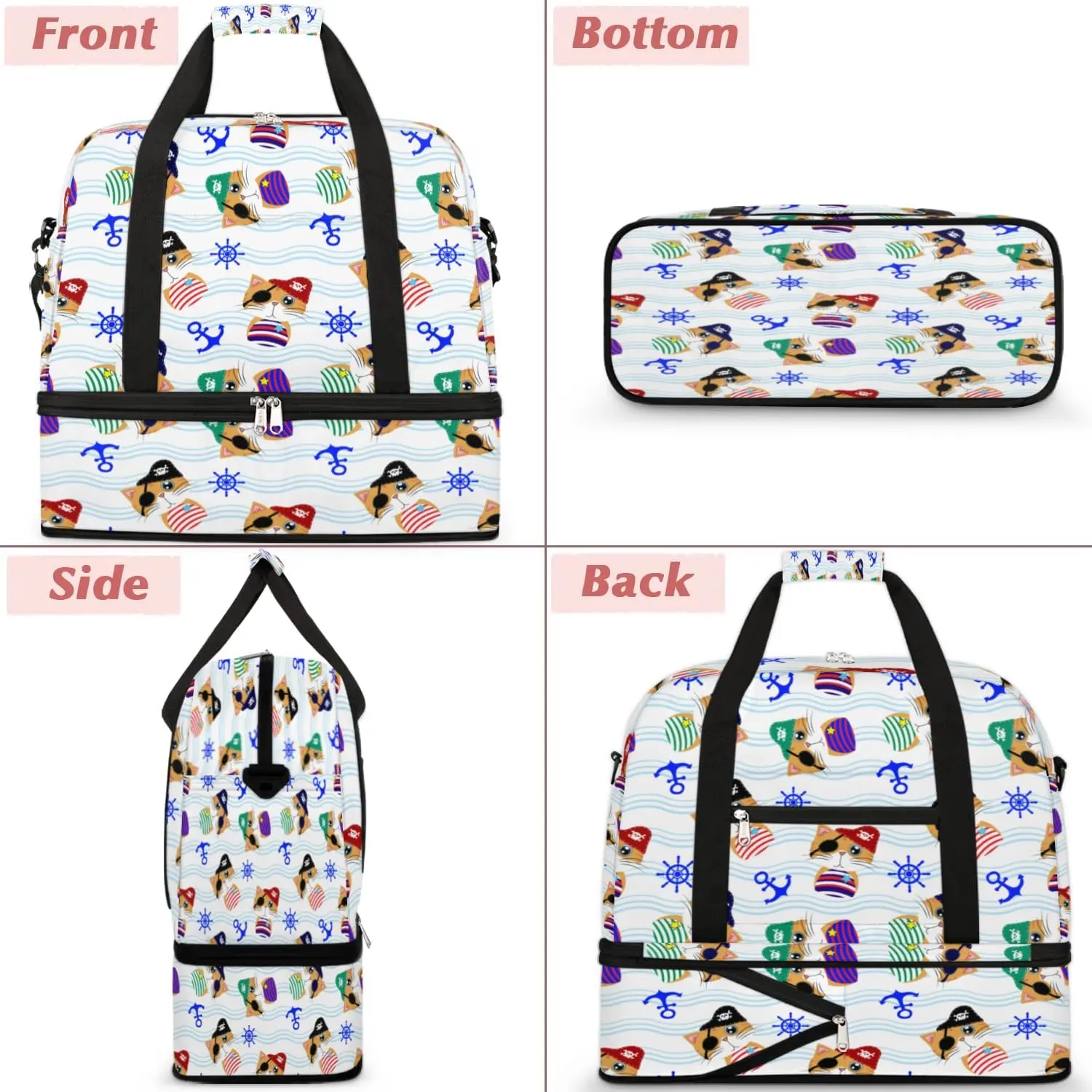 Cute Pirate Cat Sports Gym Bag with Shoes Compartment Foldable Travel Duffel Bag Dry Wet Separated Sports Tote Workout Weekender Overnight Bag for Women Yoga Dance Work Training Handbag
