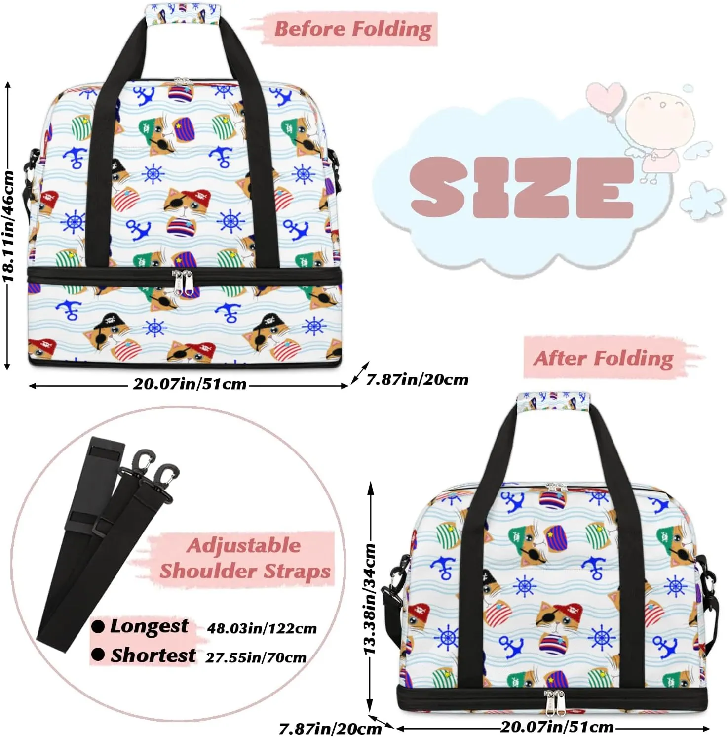 Cute Pirate Cat Sports Gym Bag with Shoes Compartment Foldable Travel Duffel Bag Dry Wet Separated Sports Tote Workout Weekender Overnight Bag for Women Yoga Dance Work Training Handbag