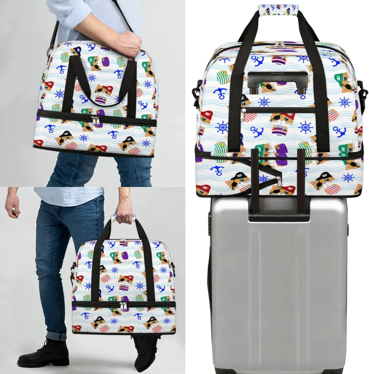 Cute Pirate Cat Sports Gym Bag with Shoes Compartment Foldable Travel Duffel Bag Dry Wet Separated Sports Tote Workout Weekender Overnight Bag for Women Yoga Dance Work Training Handbag