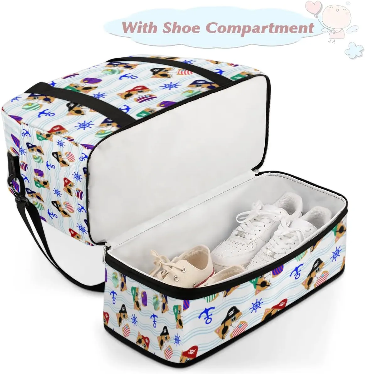 Cute Pirate Cat Sports Gym Bag with Shoes Compartment Foldable Travel Duffel Bag Dry Wet Separated Sports Tote Workout Weekender Overnight Bag for Women Yoga Dance Work Training Handbag