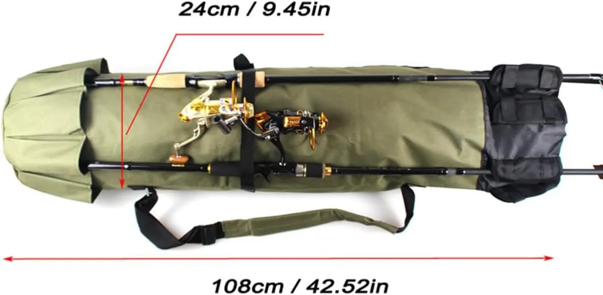 Cylindrical Fishing Rod Bag Large Capacity Lightweight Organizer with Multi Pockets Durable Comfortable Shoulder Strap for Outdoor Fishing Gear Green
