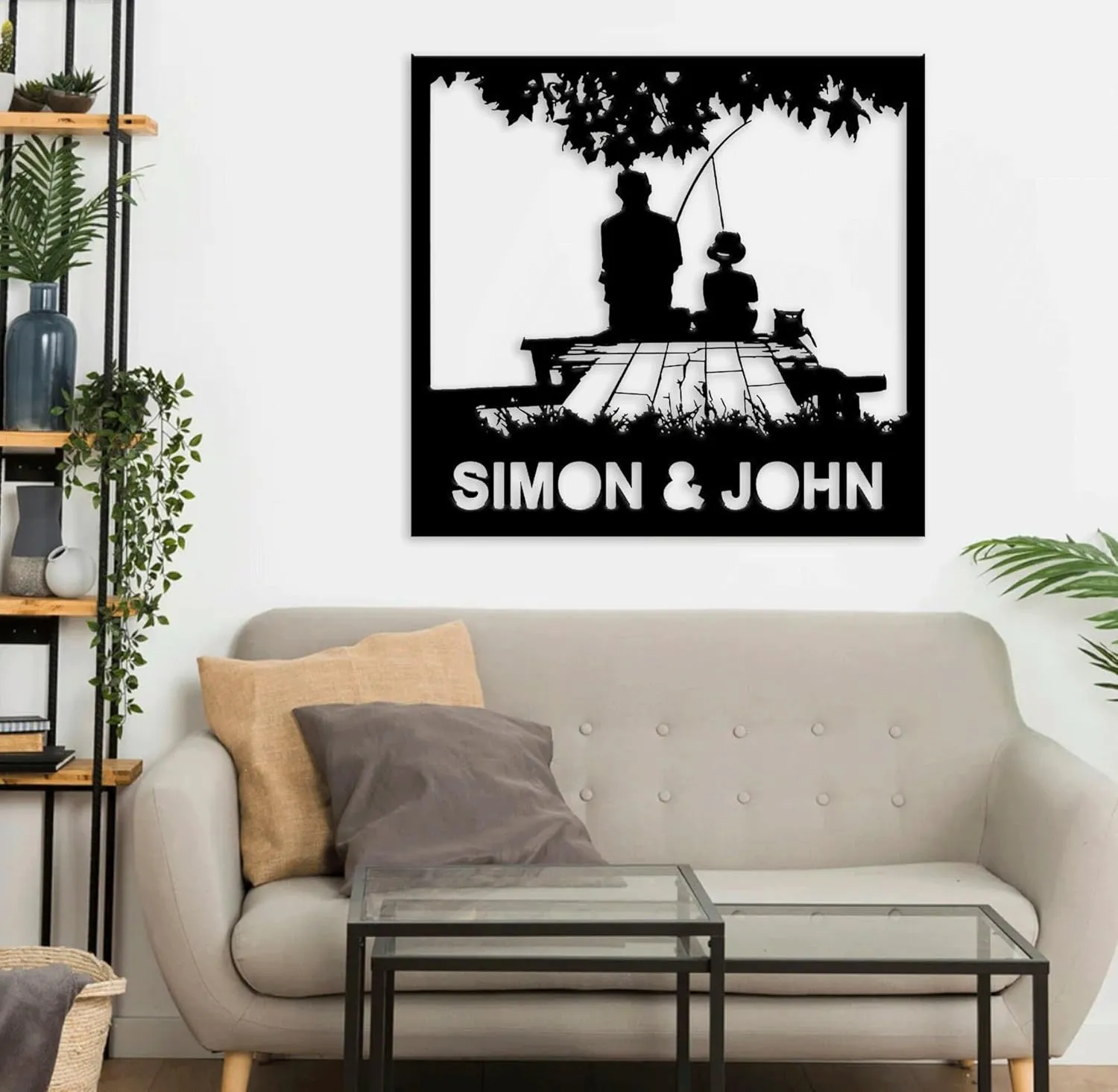 Dad and Son Fishing Metal Sign Wall Art With LED Lights, Together In Riverside Cutting Sign For Kingfisher Lodge, Fishing Metal Wall Decor