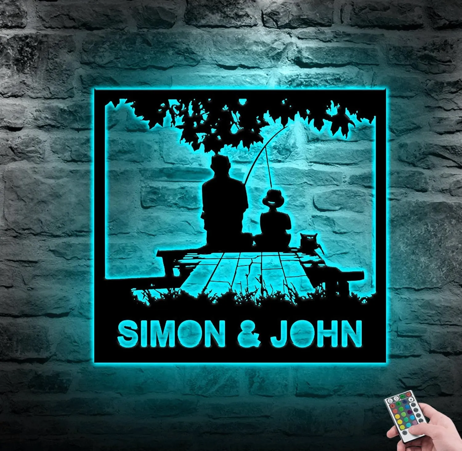 Dad and Son Fishing Metal Sign Wall Art With LED Lights, Together In Riverside Cutting Sign For Kingfisher Lodge, Fishing Metal Wall Decor