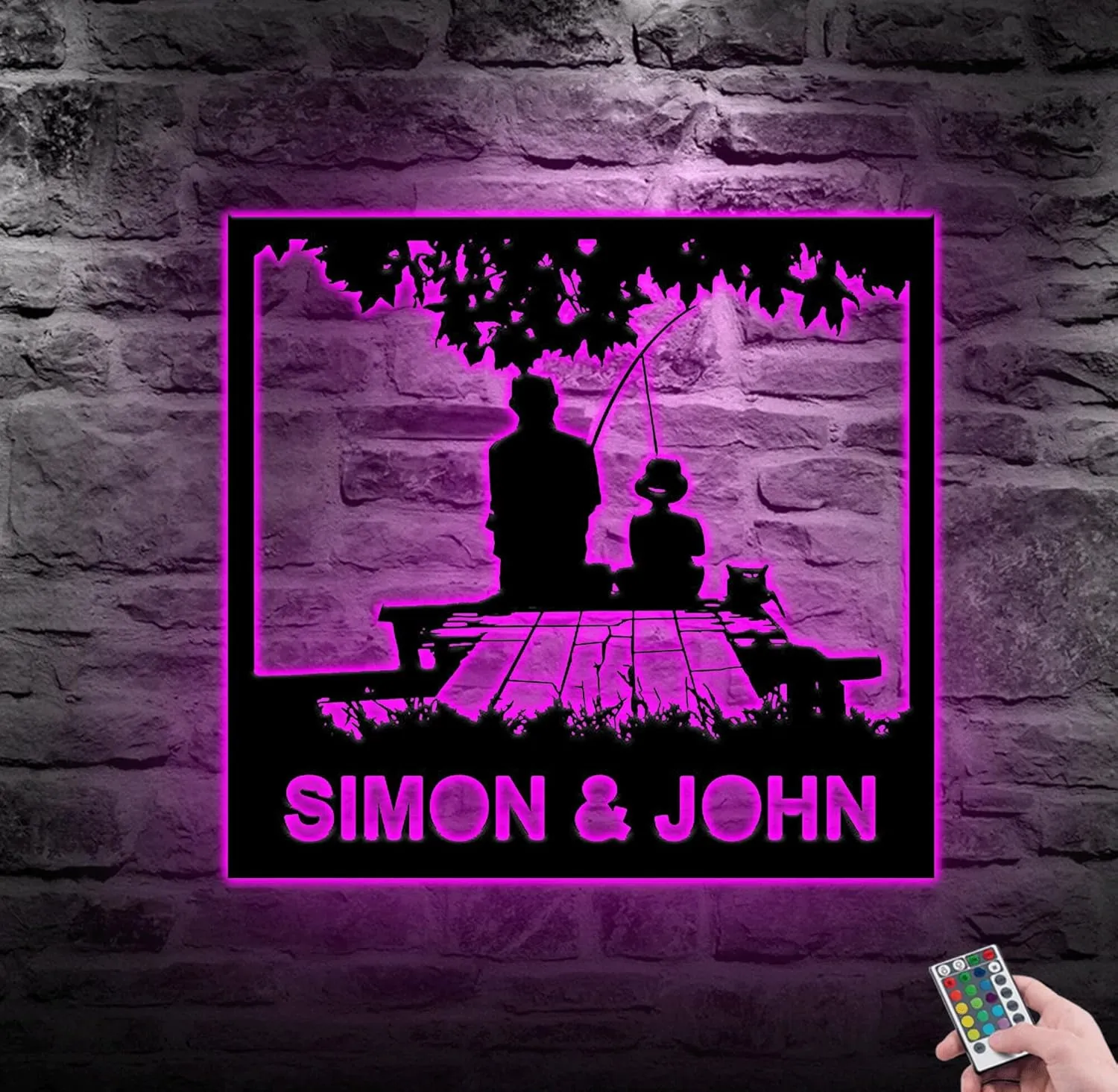 Dad and Son Fishing Metal Sign Wall Art With LED Lights, Together In Riverside Cutting Sign For Kingfisher Lodge, Fishing Metal Wall Decor