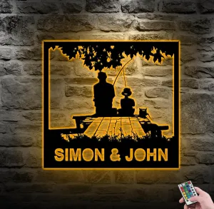 Dad and Son Fishing Metal Sign Wall Art With LED Lights, Together In Riverside Cutting Sign For Kingfisher Lodge, Fishing Metal Wall Decor