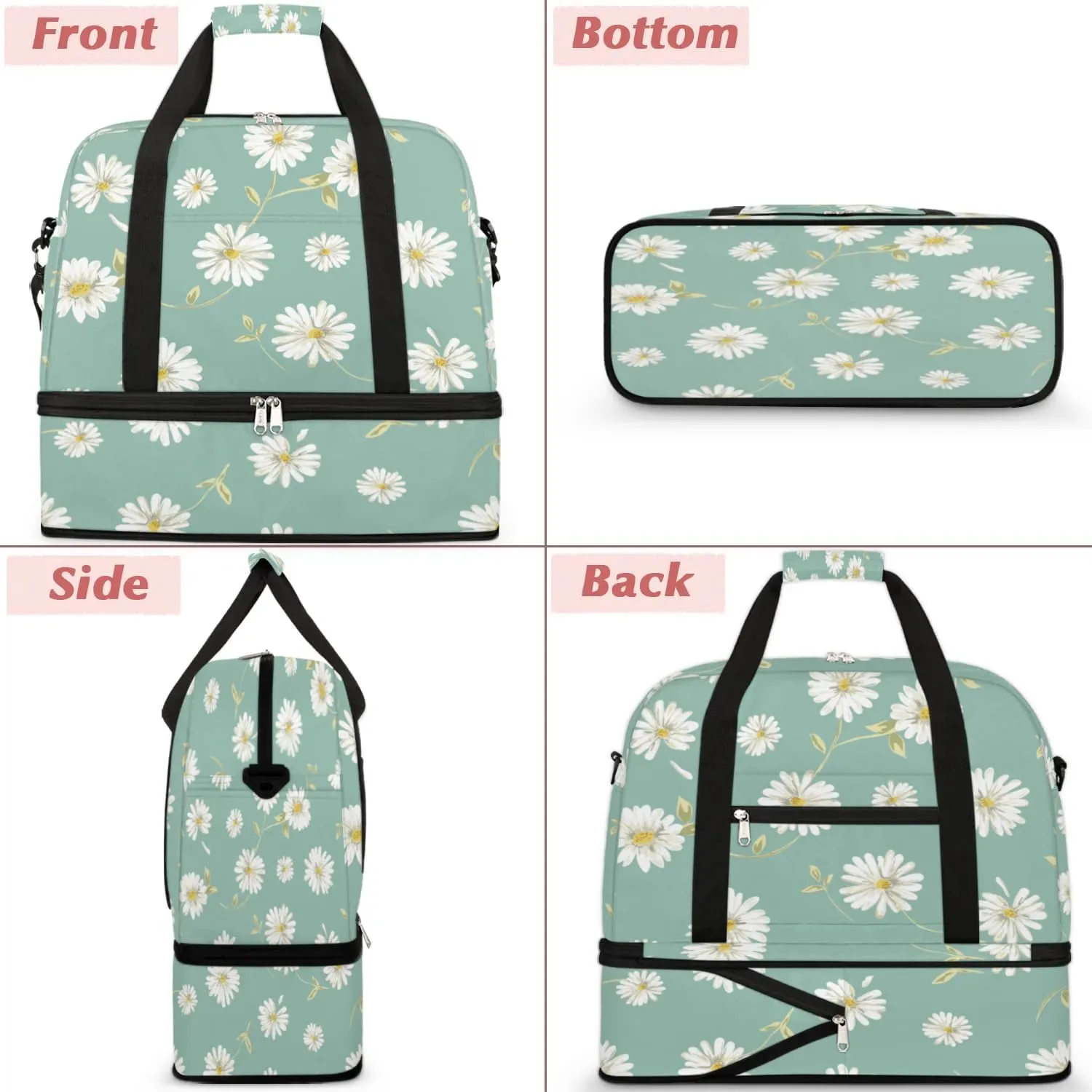 Daisy Leaves Sports Gym Bag with Shoes Compartment Foldable Travel Duffel Bag Dry Wet Separated Sports Tote Workout Weekender Overnight Bag for Women Yoga Dance Work Training Handbag