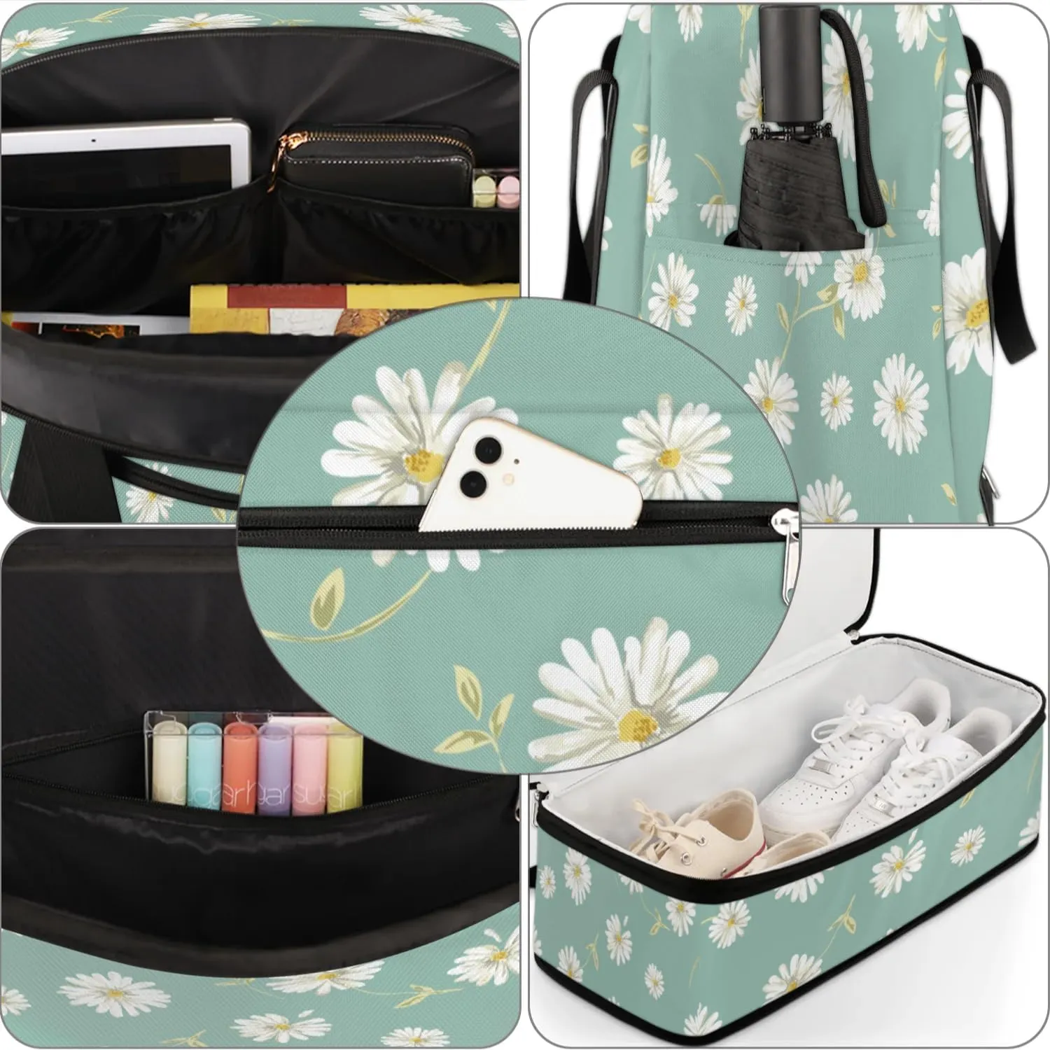 Daisy Leaves Sports Gym Bag with Shoes Compartment Foldable Travel Duffel Bag Dry Wet Separated Sports Tote Workout Weekender Overnight Bag for Women Yoga Dance Work Training Handbag