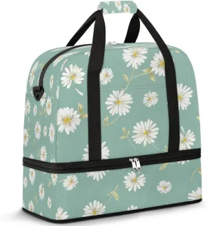 Daisy Leaves Sports Gym Bag with Shoes Compartment Foldable Travel Duffel Bag Dry Wet Separated Sports Tote Workout Weekender Overnight Bag for Women Yoga Dance Work Training Handbag