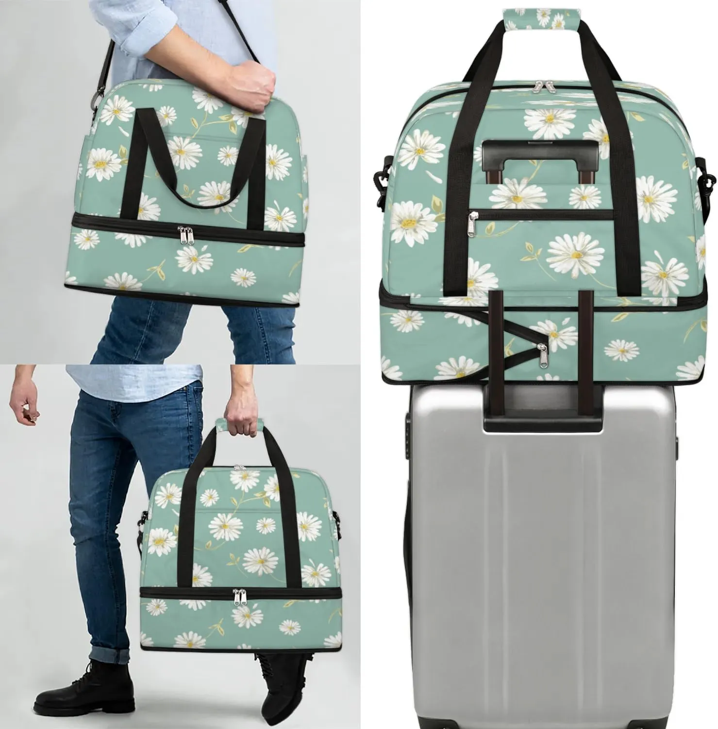 Daisy Leaves Sports Gym Bag with Shoes Compartment Foldable Travel Duffel Bag Dry Wet Separated Sports Tote Workout Weekender Overnight Bag for Women Yoga Dance Work Training Handbag