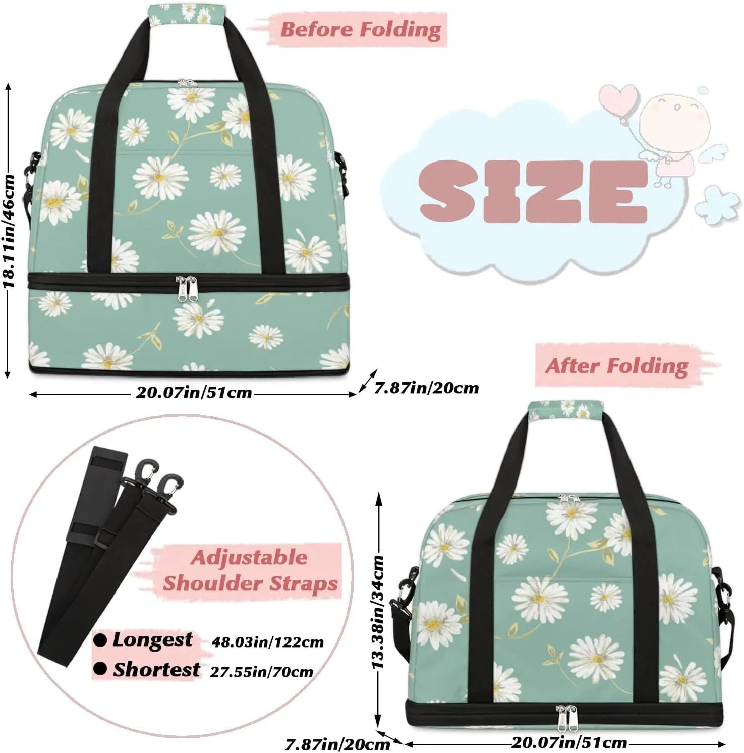 Daisy Leaves Sports Gym Bag with Shoes Compartment Foldable Travel Duffel Bag Dry Wet Separated Sports Tote Workout Weekender Overnight Bag for Women Yoga Dance Work Training Handbag