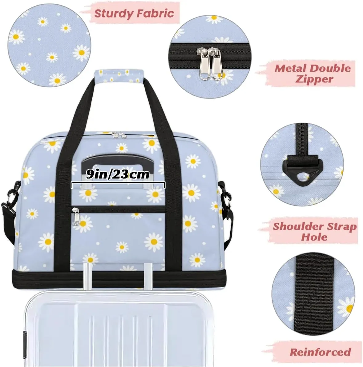 Daisy Petal Dots Sports Gym Bag with Shoes Compartment Foldable Travel Duffel Bag Dry Wet Separated Sports Tote Workout Weekender Overnight Bag for Women Yoga Dance Work Training Handbag