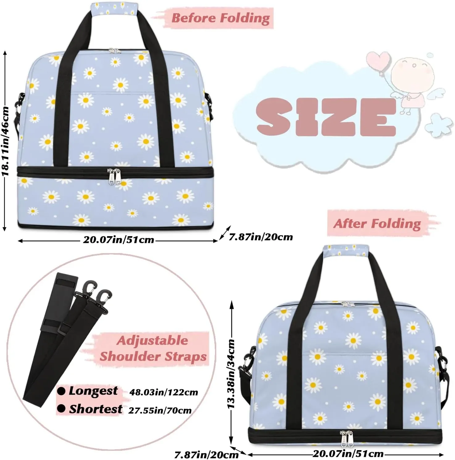 Daisy Petal Dots Sports Gym Bag with Shoes Compartment Foldable Travel Duffel Bag Dry Wet Separated Sports Tote Workout Weekender Overnight Bag for Women Yoga Dance Work Training Handbag