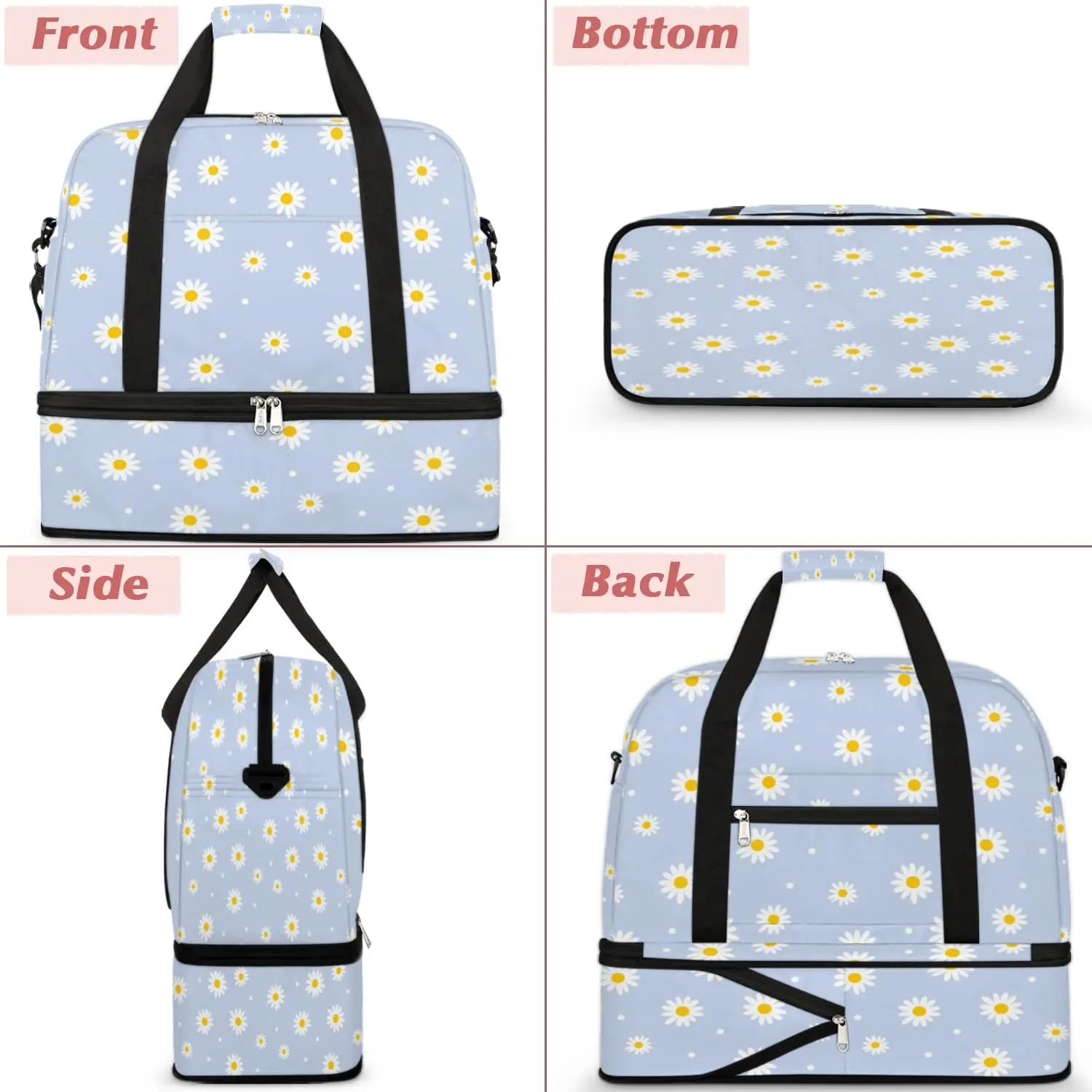 Daisy Petal Dots Sports Gym Bag with Shoes Compartment Foldable Travel Duffel Bag Dry Wet Separated Sports Tote Workout Weekender Overnight Bag for Women Yoga Dance Work Training Handbag