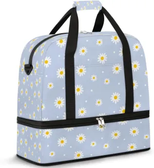 Daisy Petal Dots Sports Gym Bag with Shoes Compartment Foldable Travel Duffel Bag Dry Wet Separated Sports Tote Workout Weekender Overnight Bag for Women Yoga Dance Work Training Handbag
