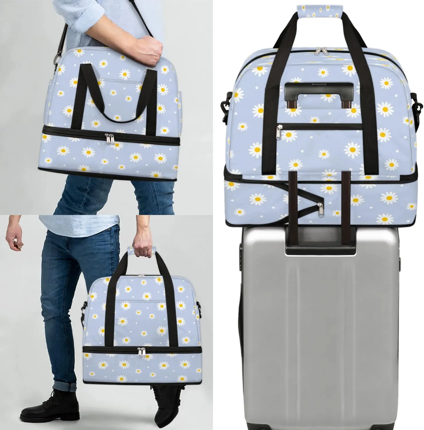 Daisy Petal Dots Sports Gym Bag with Shoes Compartment Foldable Travel Duffel Bag Dry Wet Separated Sports Tote Workout Weekender Overnight Bag for Women Yoga Dance Work Training Handbag