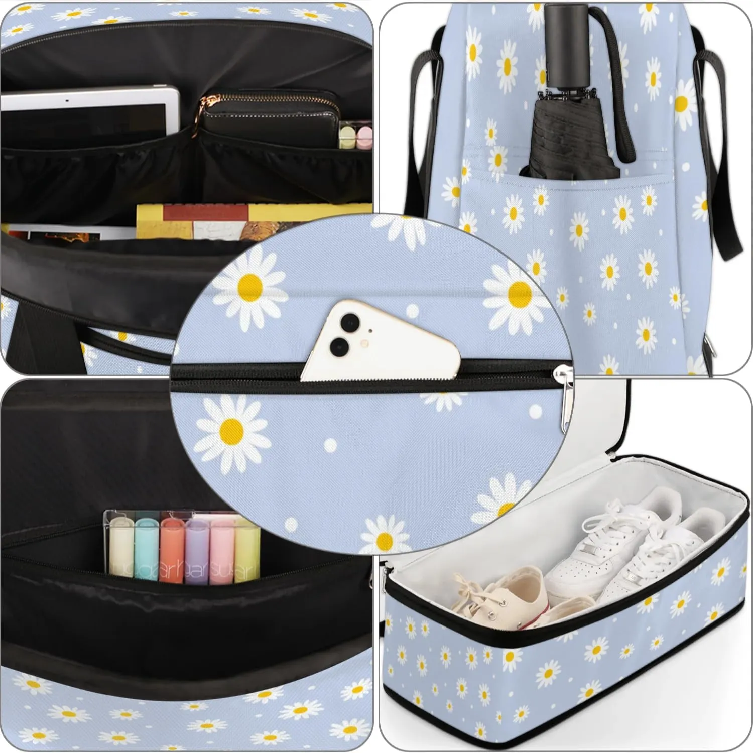 Daisy Petal Dots Sports Gym Bag with Shoes Compartment Foldable Travel Duffel Bag Dry Wet Separated Sports Tote Workout Weekender Overnight Bag for Women Yoga Dance Work Training Handbag