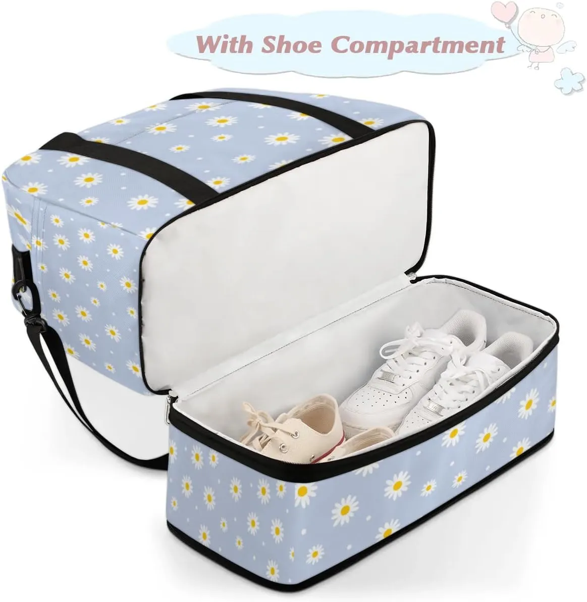Daisy Petal Dots Sports Gym Bag with Shoes Compartment Foldable Travel Duffel Bag Dry Wet Separated Sports Tote Workout Weekender Overnight Bag for Women Yoga Dance Work Training Handbag