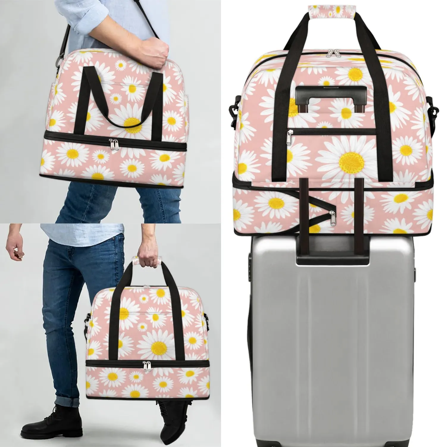 Daisy Petals Pattern Sports Gym Bag with Shoes Compartment Foldable Travel Duffel Bag Dry Wet Separated Sports Tote Workout Weekender Overnight Bag for Women Yoga Dance Work Training Handbag