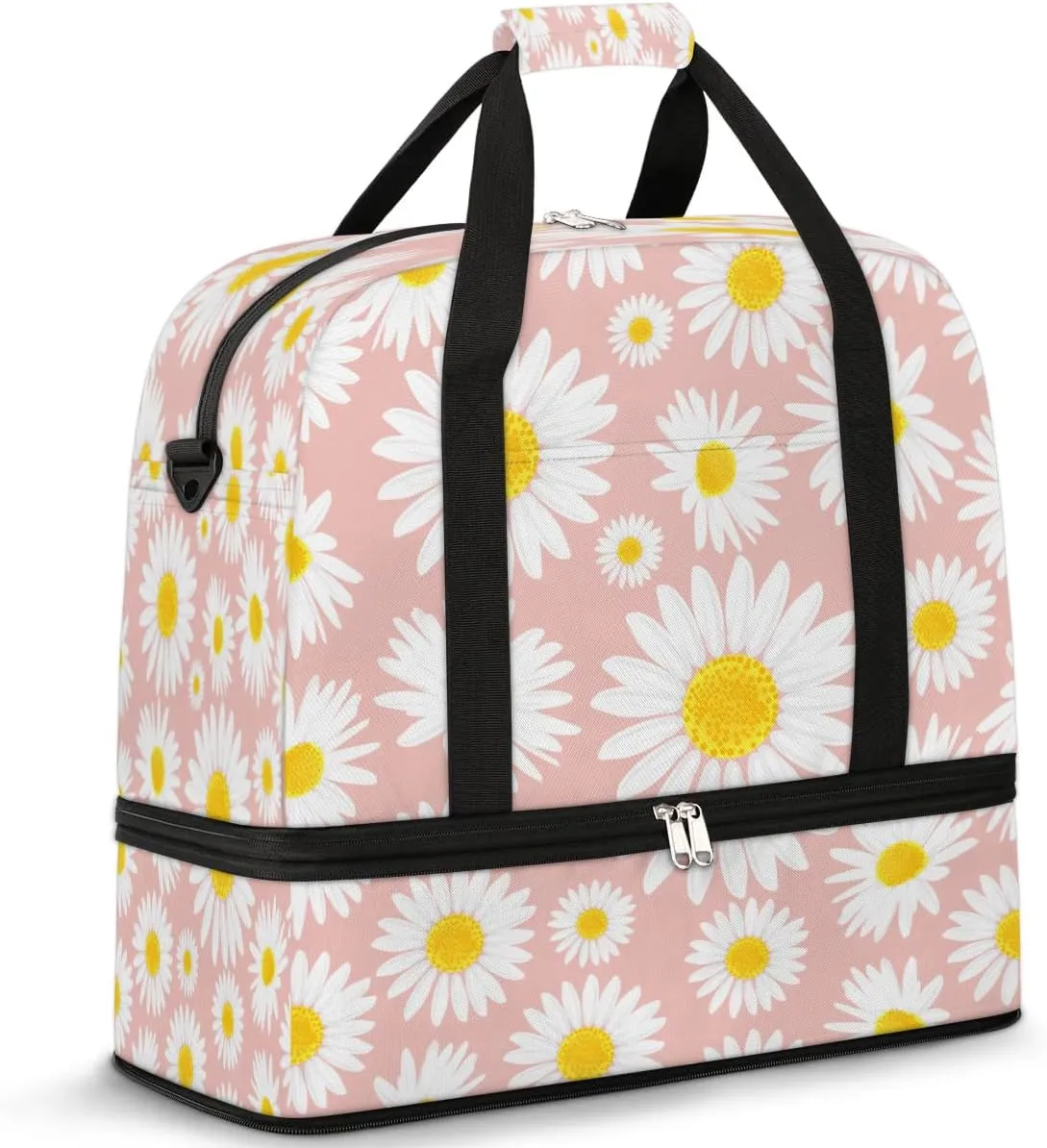 Daisy Petals Pattern Sports Gym Bag with Shoes Compartment Foldable Travel Duffel Bag Dry Wet Separated Sports Tote Workout Weekender Overnight Bag for Women Yoga Dance Work Training Handbag