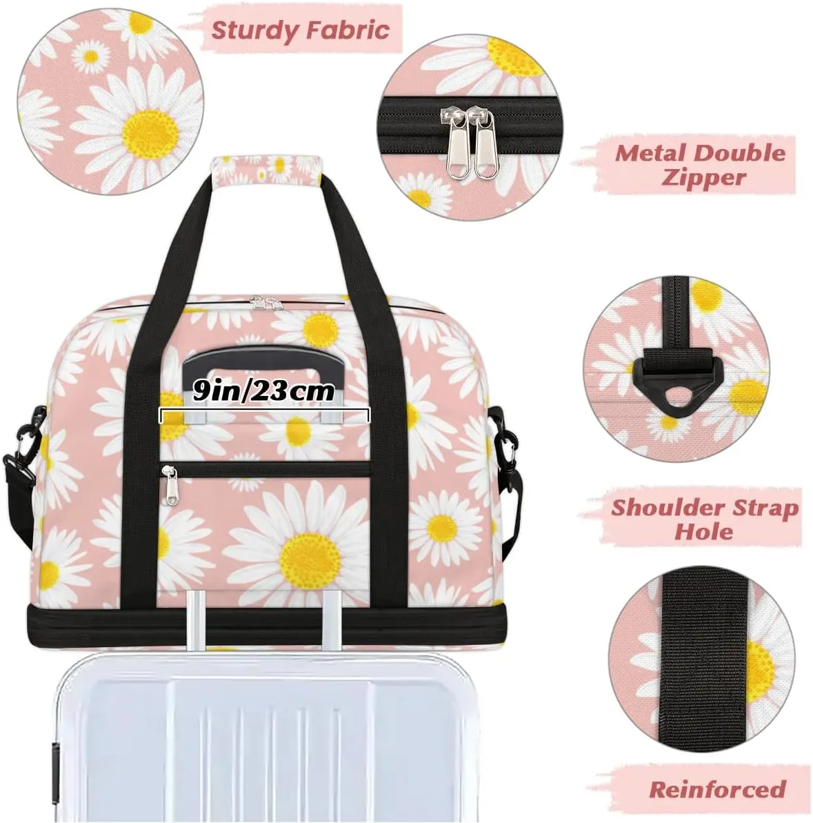 Daisy Petals Pattern Sports Gym Bag with Shoes Compartment Foldable Travel Duffel Bag Dry Wet Separated Sports Tote Workout Weekender Overnight Bag for Women Yoga Dance Work Training Handbag