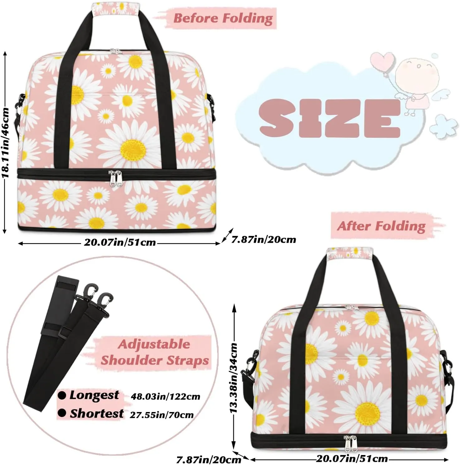 Daisy Petals Pattern Sports Gym Bag with Shoes Compartment Foldable Travel Duffel Bag Dry Wet Separated Sports Tote Workout Weekender Overnight Bag for Women Yoga Dance Work Training Handbag