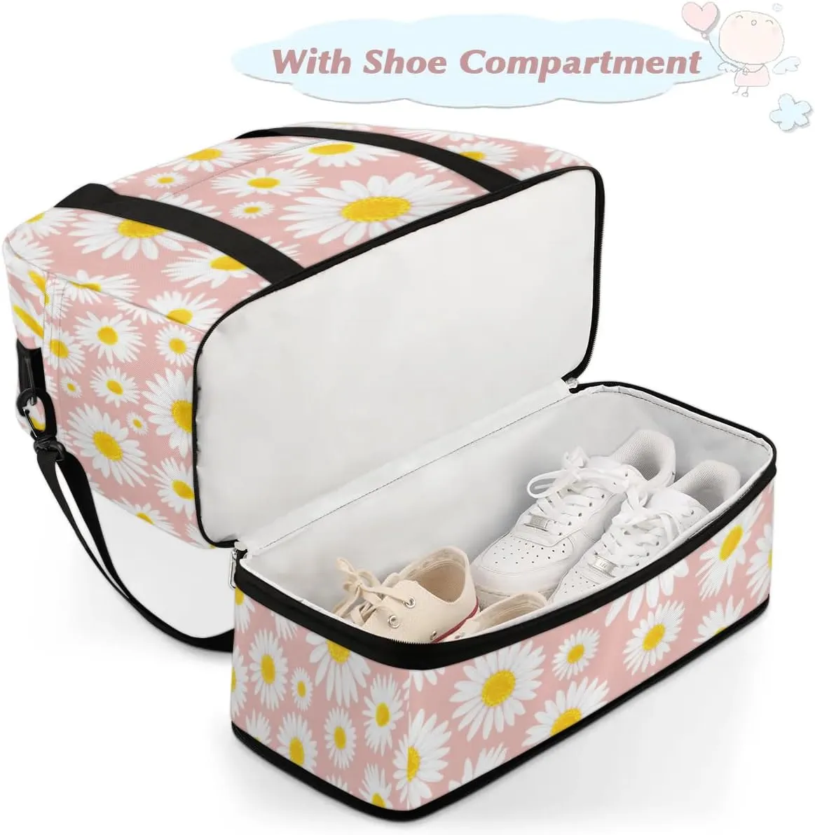 Daisy Petals Pattern Sports Gym Bag with Shoes Compartment Foldable Travel Duffel Bag Dry Wet Separated Sports Tote Workout Weekender Overnight Bag for Women Yoga Dance Work Training Handbag
