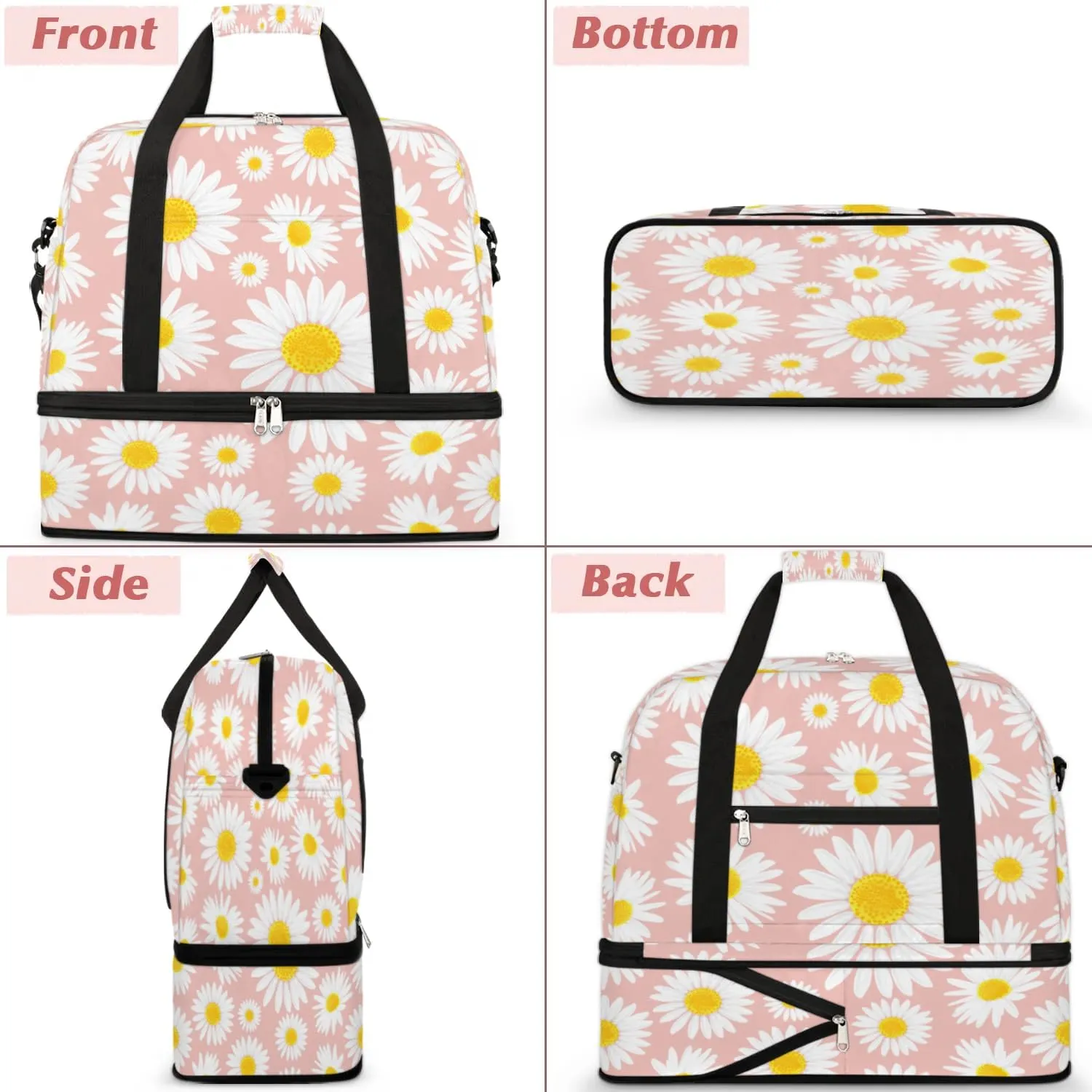 Daisy Petals Pattern Sports Gym Bag with Shoes Compartment Foldable Travel Duffel Bag Dry Wet Separated Sports Tote Workout Weekender Overnight Bag for Women Yoga Dance Work Training Handbag
