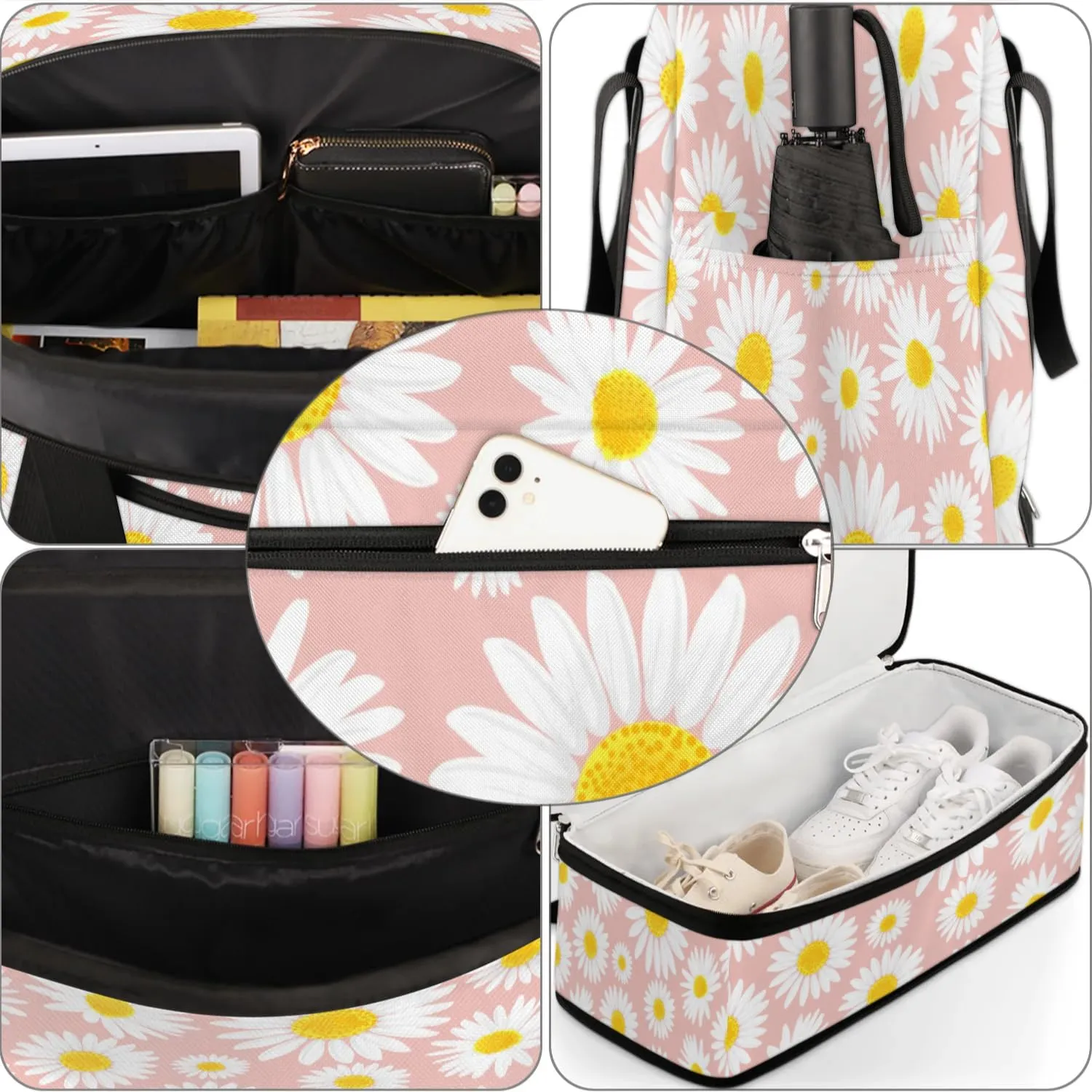 Daisy Petals Pattern Sports Gym Bag with Shoes Compartment Foldable Travel Duffel Bag Dry Wet Separated Sports Tote Workout Weekender Overnight Bag for Women Yoga Dance Work Training Handbag