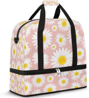 Daisy Petals Pattern Sports Gym Bag with Shoes Compartment Foldable Travel Duffel Bag Dry Wet Separated Sports Tote Workout Weekender Overnight Bag for Women Yoga Dance Work Training Handbag