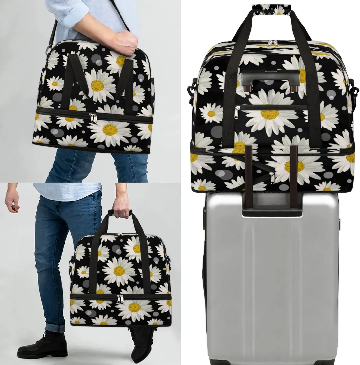 Daisy Petals Sports Gym Bag with Shoes Compartment Foldable Travel Duffel Bag Dry Wet Separated Sports Tote Workout Weekender Overnight Bag for Women Yoga Dance Work Training Handbag