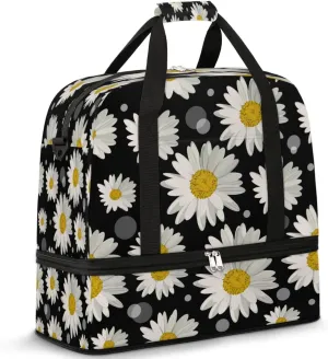 Daisy Petals Sports Gym Bag with Shoes Compartment Foldable Travel Duffel Bag Dry Wet Separated Sports Tote Workout Weekender Overnight Bag for Women Yoga Dance Work Training Handbag