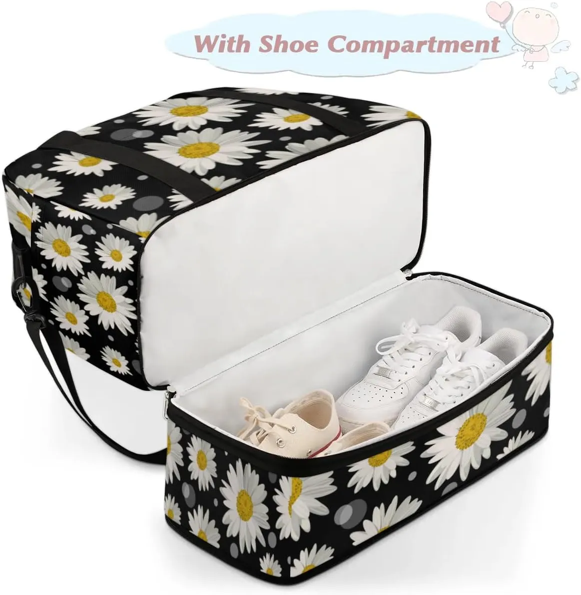 Daisy Petals Sports Gym Bag with Shoes Compartment Foldable Travel Duffel Bag Dry Wet Separated Sports Tote Workout Weekender Overnight Bag for Women Yoga Dance Work Training Handbag