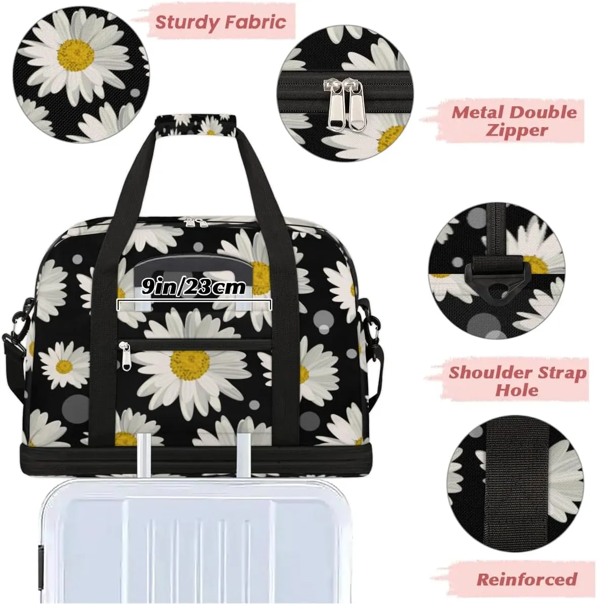 Daisy Petals Sports Gym Bag with Shoes Compartment Foldable Travel Duffel Bag Dry Wet Separated Sports Tote Workout Weekender Overnight Bag for Women Yoga Dance Work Training Handbag