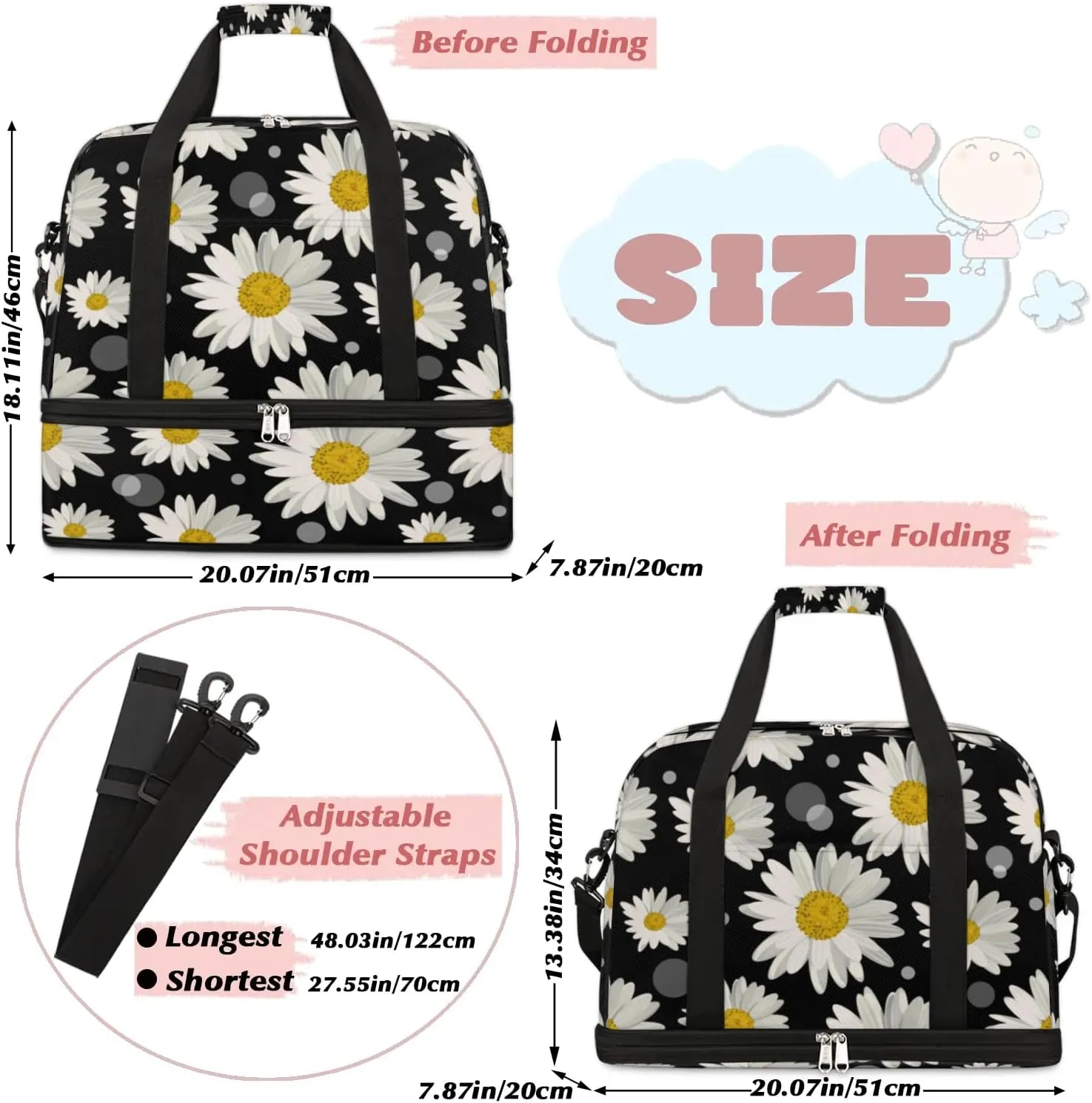 Daisy Petals Sports Gym Bag with Shoes Compartment Foldable Travel Duffel Bag Dry Wet Separated Sports Tote Workout Weekender Overnight Bag for Women Yoga Dance Work Training Handbag