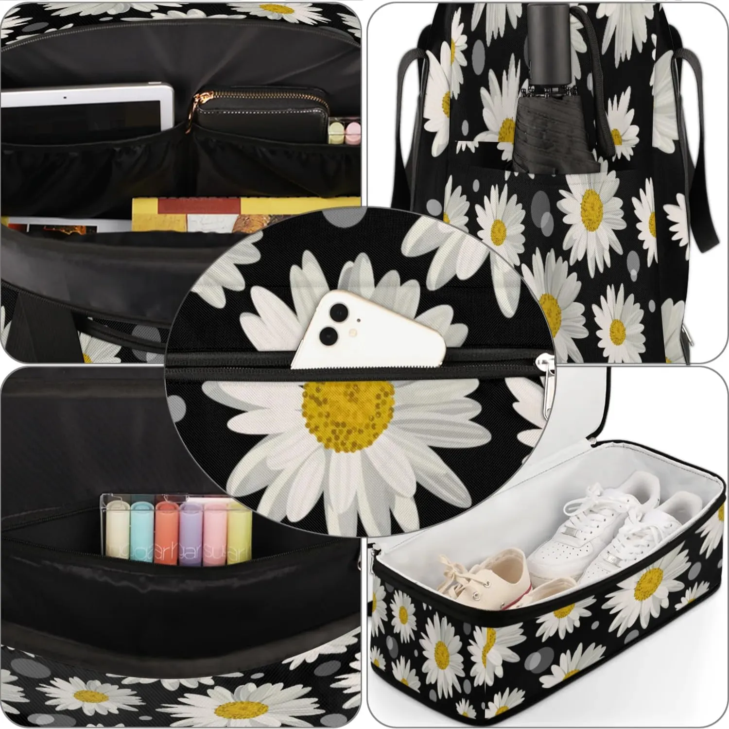 Daisy Petals Sports Gym Bag with Shoes Compartment Foldable Travel Duffel Bag Dry Wet Separated Sports Tote Workout Weekender Overnight Bag for Women Yoga Dance Work Training Handbag