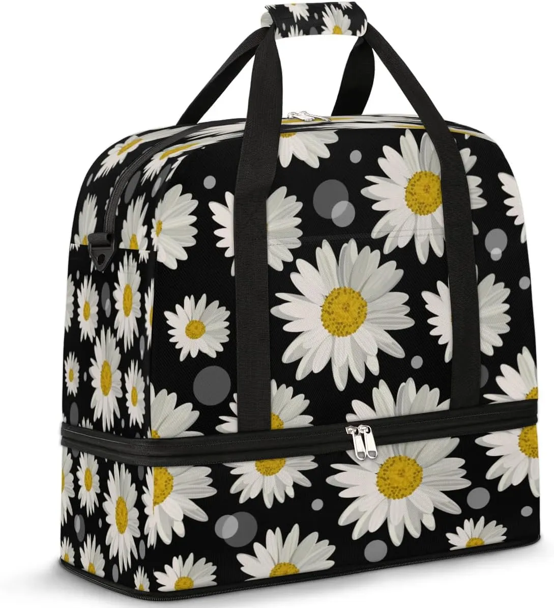 Daisy Petals Sports Gym Bag with Shoes Compartment Foldable Travel Duffel Bag Dry Wet Separated Sports Tote Workout Weekender Overnight Bag for Women Yoga Dance Work Training Handbag