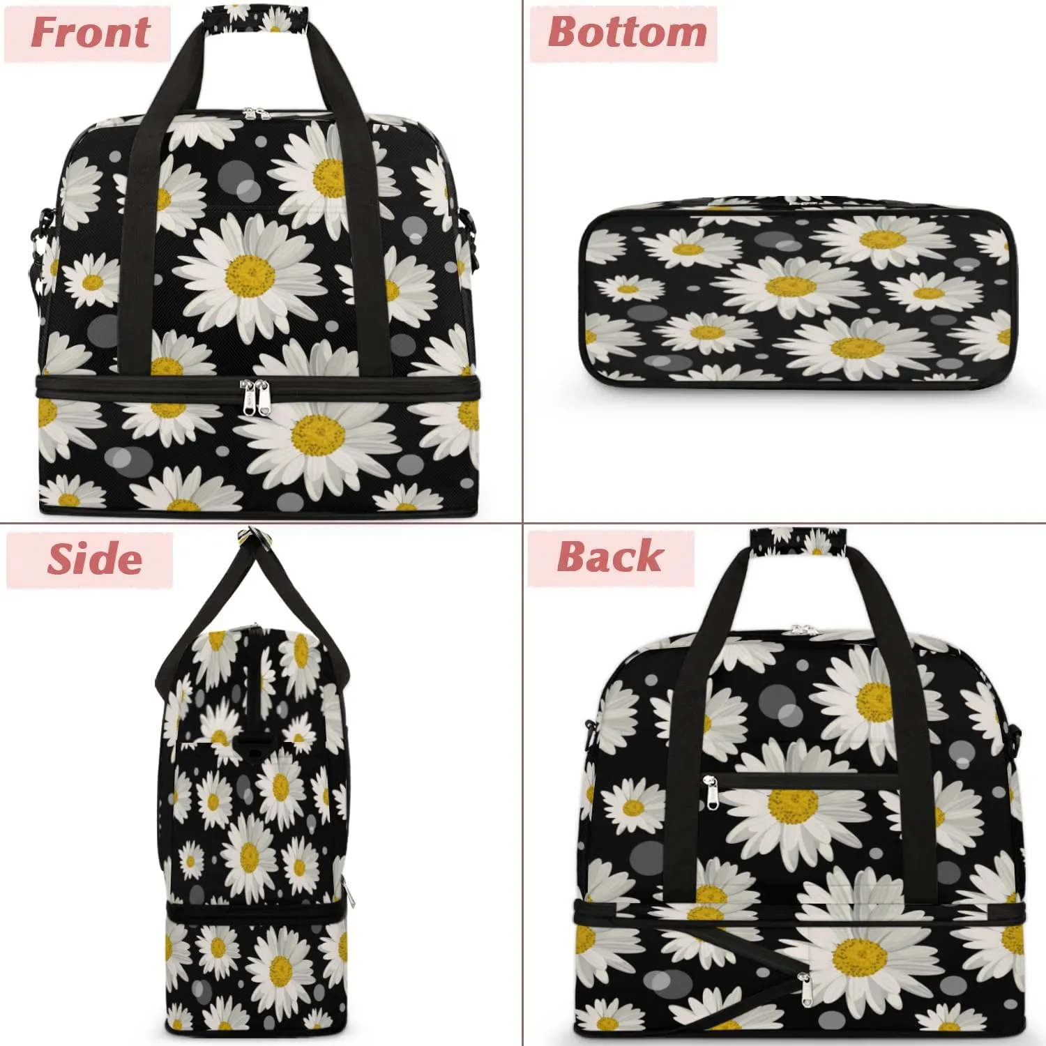 Daisy Petals Sports Gym Bag with Shoes Compartment Foldable Travel Duffel Bag Dry Wet Separated Sports Tote Workout Weekender Overnight Bag for Women Yoga Dance Work Training Handbag