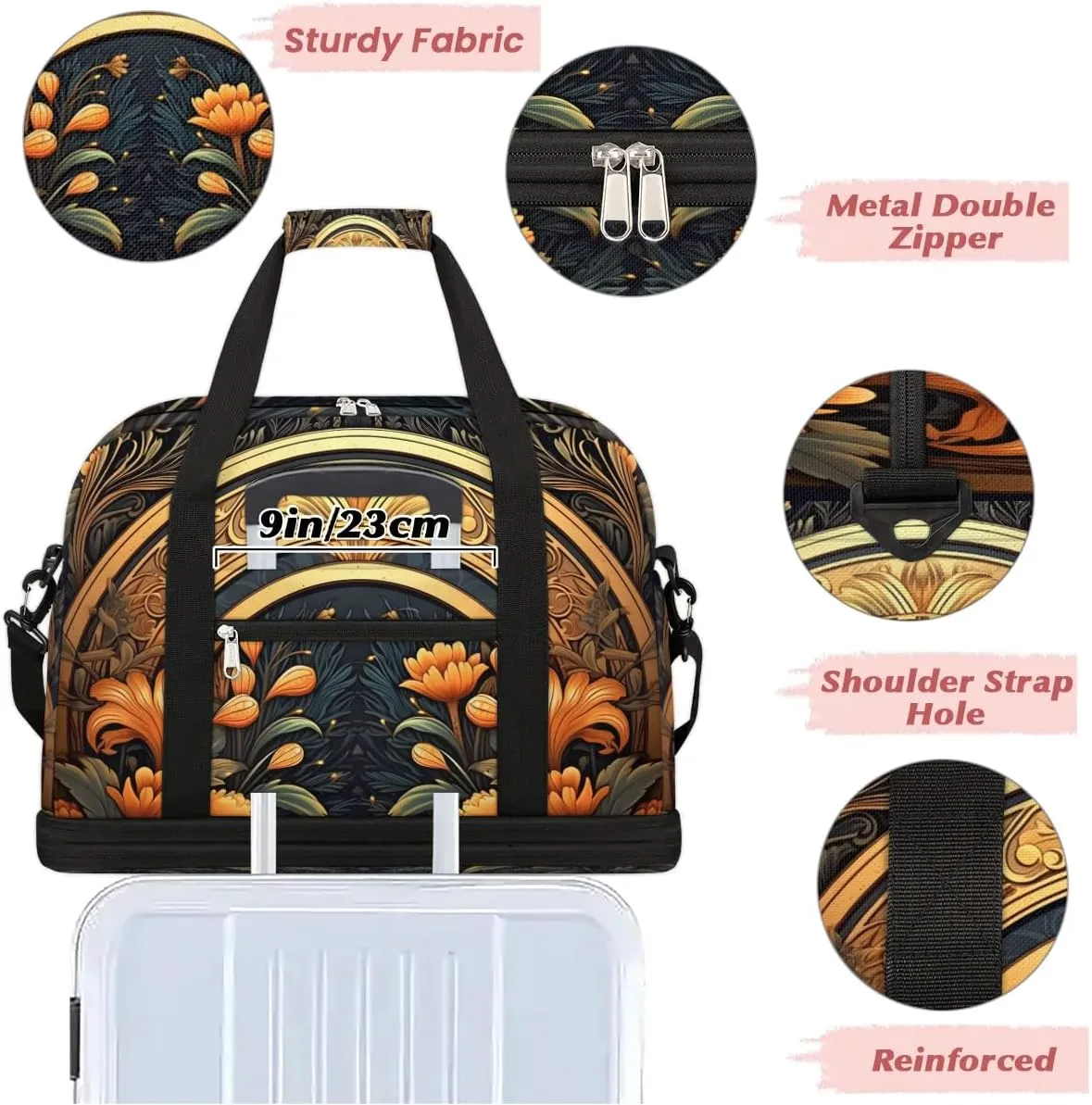 Delicate Flower Printings Retro Travel Duffle Bag, Collapsible Travel Bag Sports Gym Bag With Shoes Compartment Weekender Bag Overnight Bag For Women Men