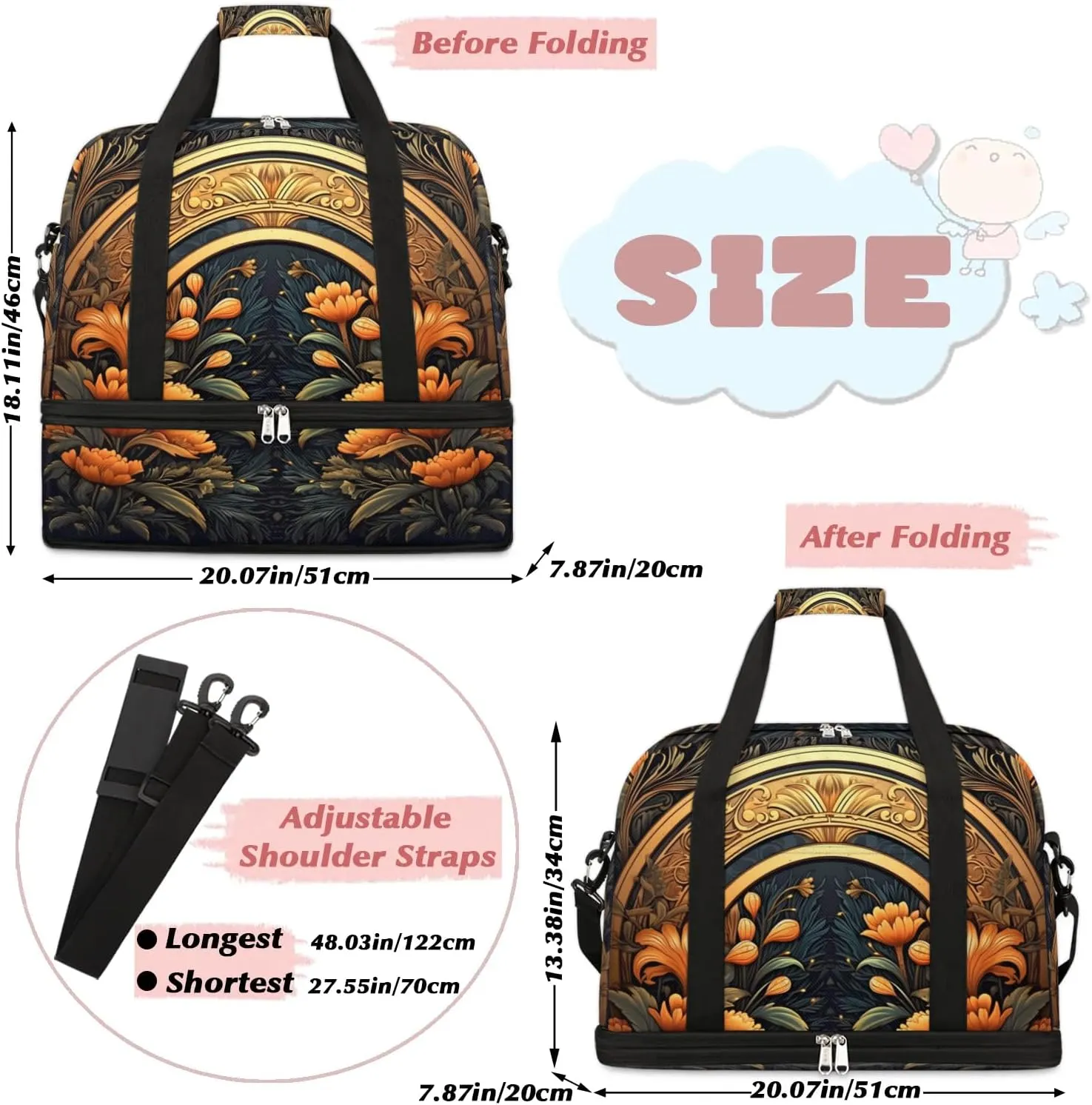 Delicate Flower Printings Retro Travel Duffle Bag, Collapsible Travel Bag Sports Gym Bag With Shoes Compartment Weekender Bag Overnight Bag For Women Men