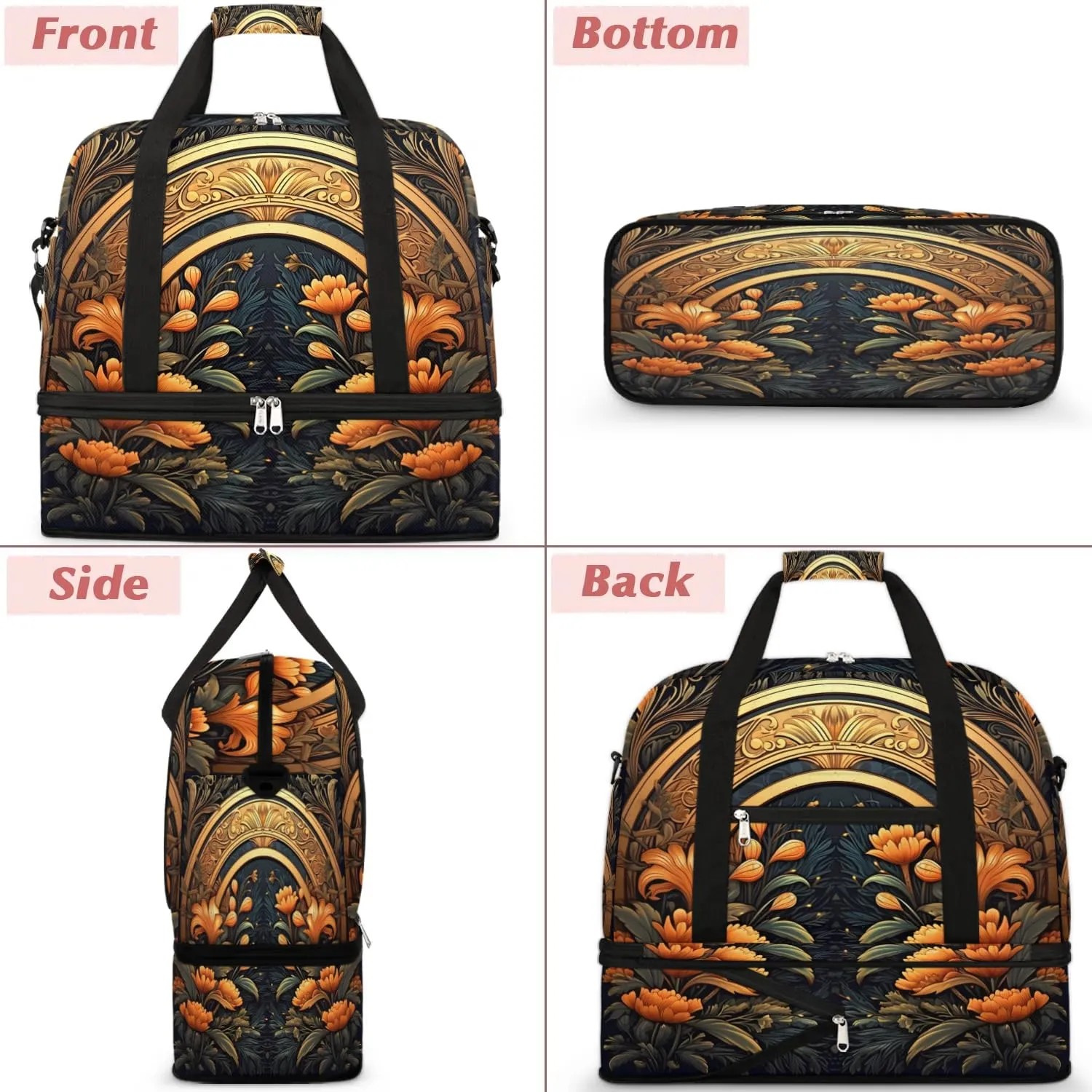 Delicate Flower Printings Retro Travel Duffle Bag, Collapsible Travel Bag Sports Gym Bag With Shoes Compartment Weekender Bag Overnight Bag For Women Men