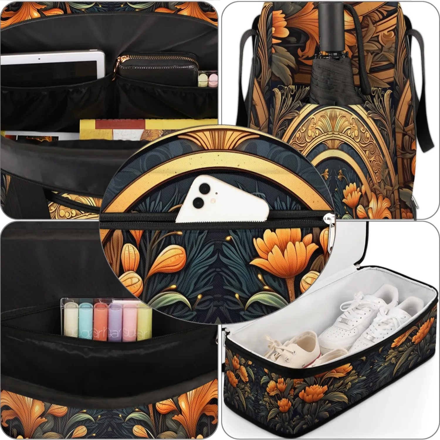 Delicate Flower Printings Retro Travel Duffle Bag, Collapsible Travel Bag Sports Gym Bag With Shoes Compartment Weekender Bag Overnight Bag For Women Men