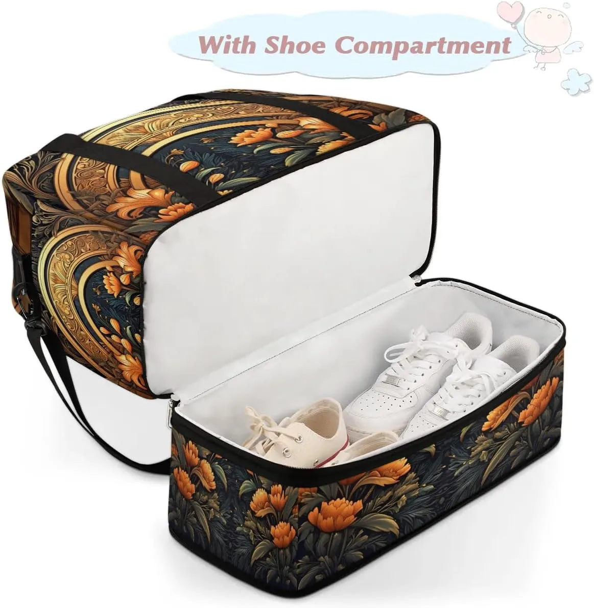Delicate Flower Printings Retro Travel Duffle Bag, Collapsible Travel Bag Sports Gym Bag With Shoes Compartment Weekender Bag Overnight Bag For Women Men